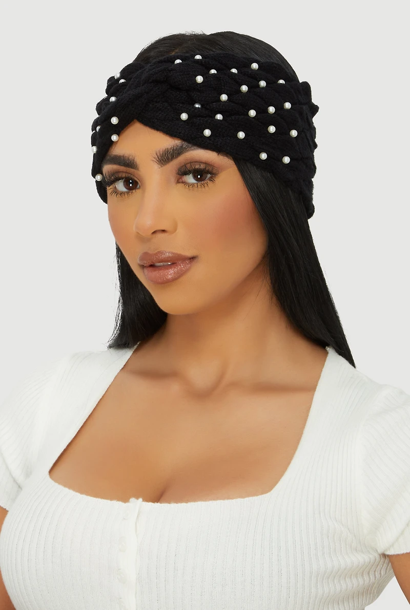 Faux Pearl Twist Front Head Wrap