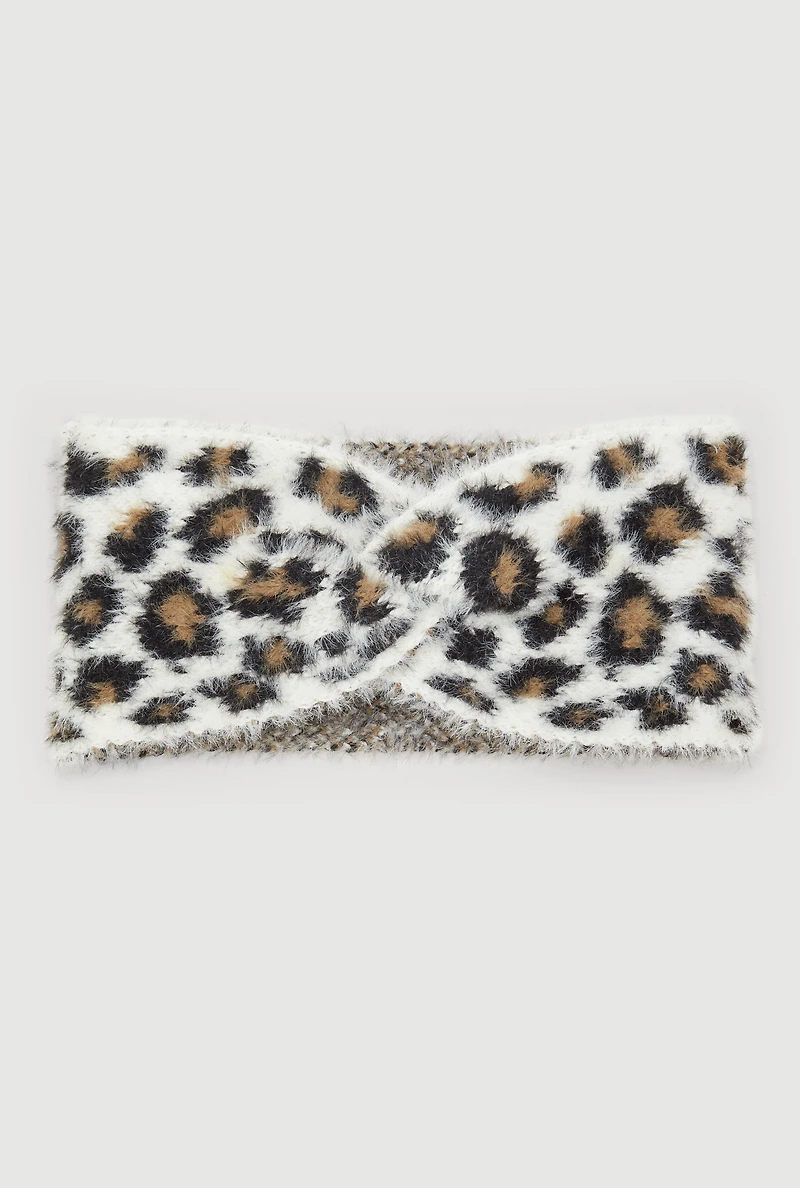 Leopard Print Brushed Faux Fur Twist Front Head Wrap