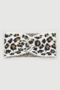 Leopard Print Brushed Faux Fur Twist Front Head Wrap