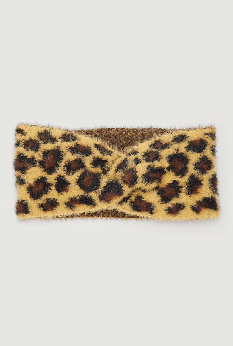 Leopard Print Brushed Faux Fur Twist Front Head Wrap