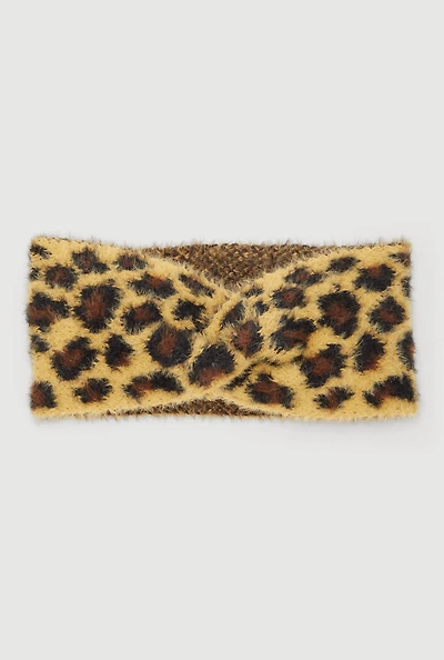 Leopard Print Brushed Faux Fur Twist Front Head Wrap