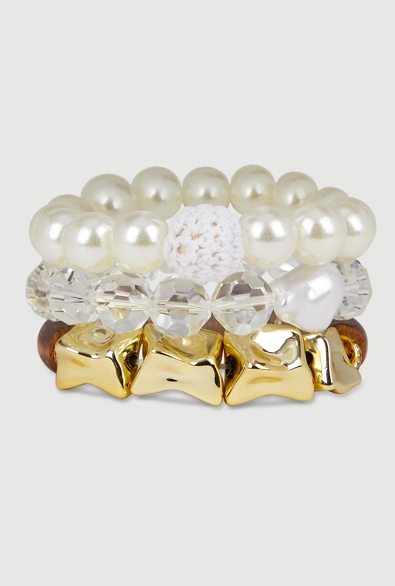 Metallic Charm and Faux Pearl Beaded Stretch Bracelet Trio