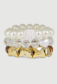 Metallic Charm and Faux Pearl Beaded Stretch Bracelet Trio