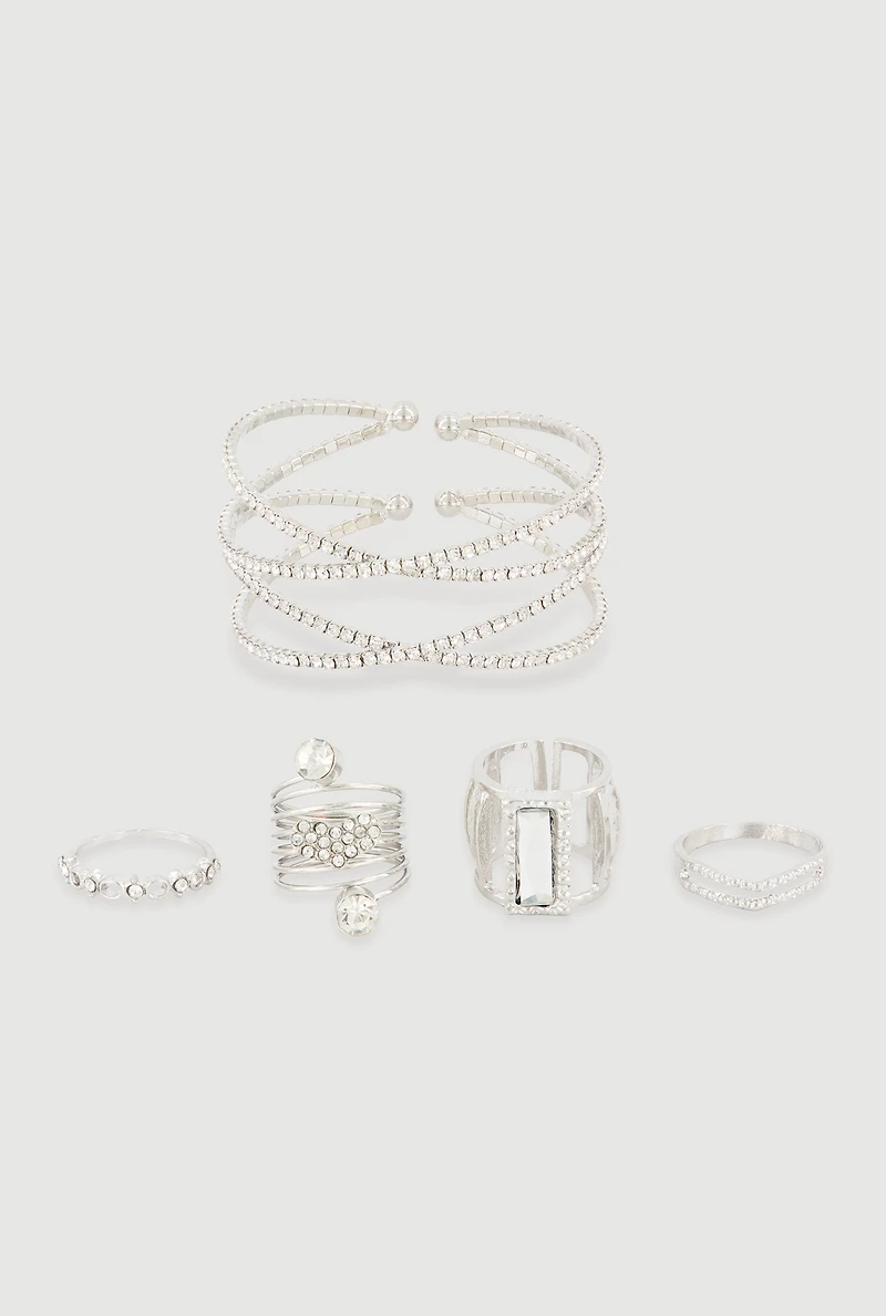 Criss Cross Cuff Bracelet with Rings 5 Piece Set