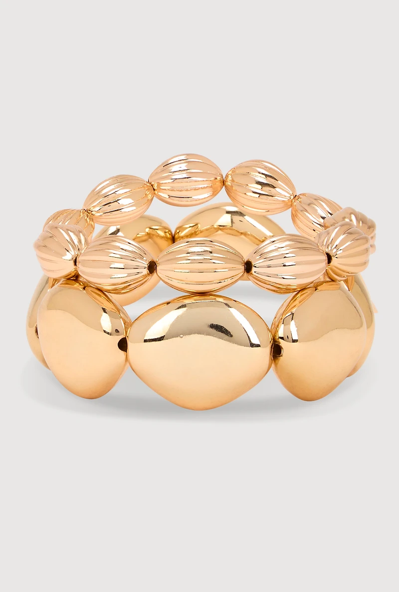 Womens Metallic Beaded Stretch Bracelets Set of 2, Gold