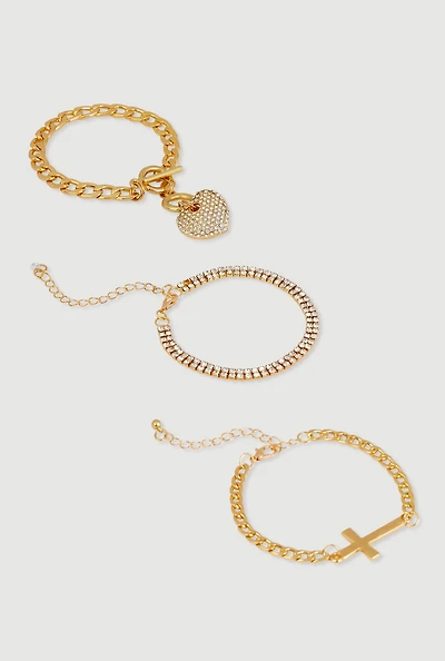 Womens Cubic Zirconia Chain Charm Bracelet Trio, Gold