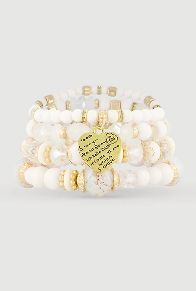 Heart Charm Beaded Stretch Bracelets Set of 4