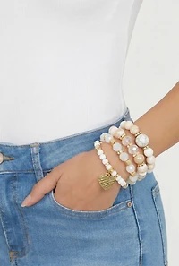 Heart Charm Beaded Stretch Bracelets Set of 4