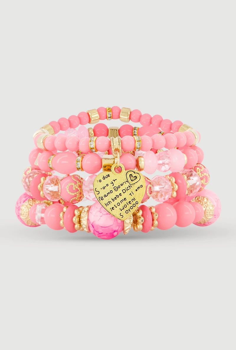 Heart Charm Beaded Stretch Bracelets Set of 4