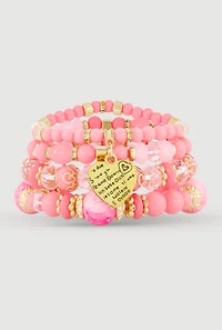 Heart Charm Beaded Stretch Bracelets Set of 4