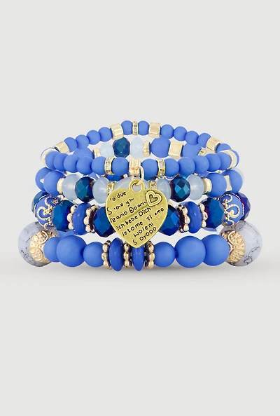 Heart Charm Beaded Stretch Bracelets Set of 4