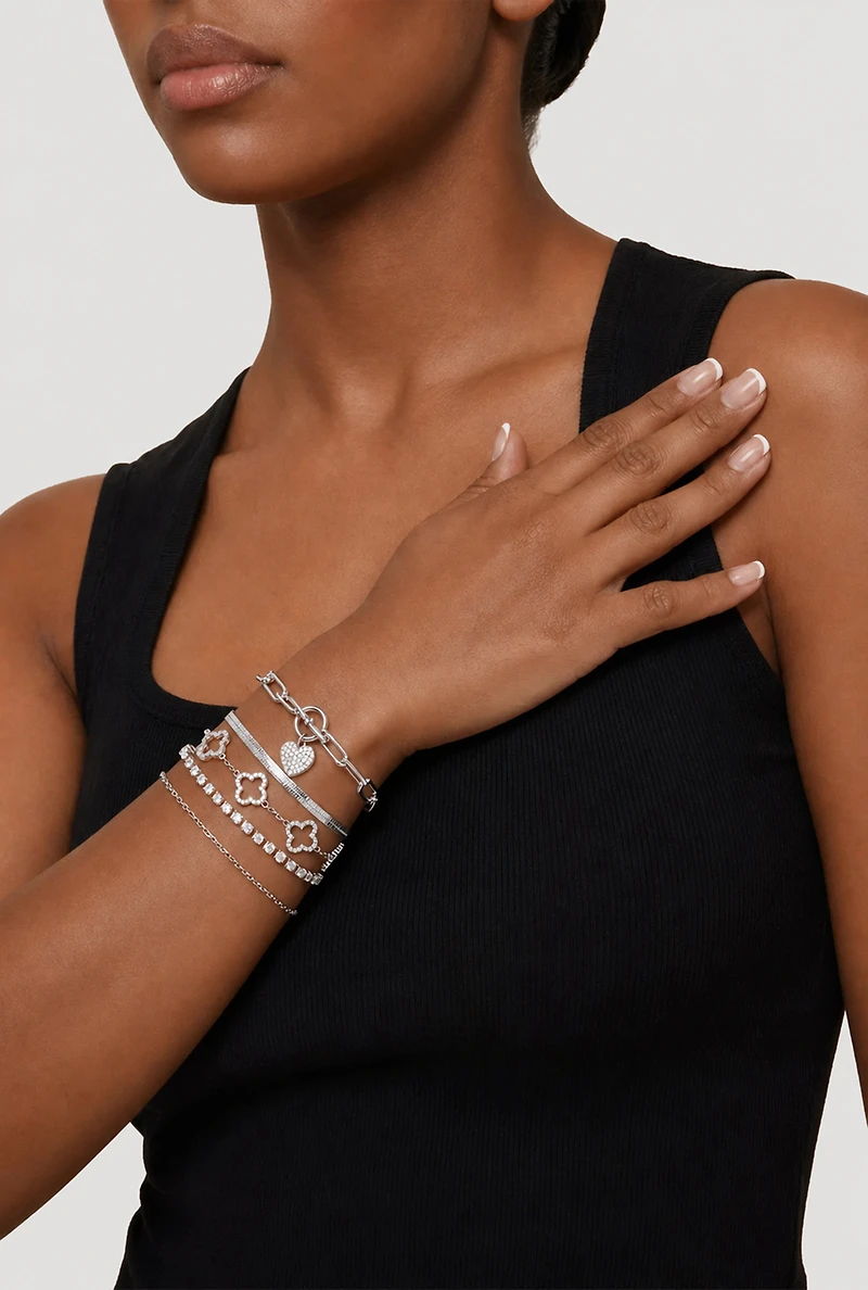 Heart Charm and Clover Detail Chain Bracelets Set of 5