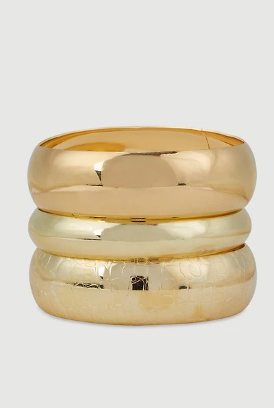 Womens Plus Size Wide Metallic Bangles Set of 3, Gold