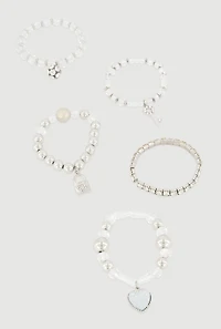 Lock and Key Heart Charm Stretch Bracelets Set of 5