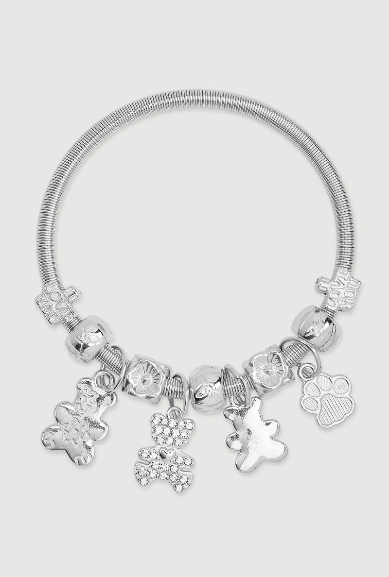 Womens Rhinestone Teddy Charm Stretch Bracelet, Silver