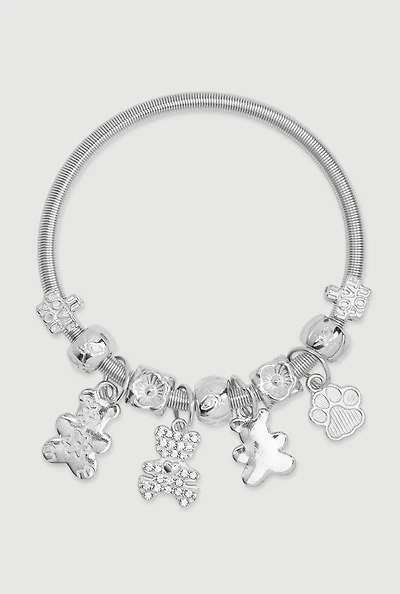 Womens Rhinestone Teddy Charm Stretch Bracelet, Silver