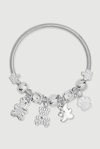Womens Rhinestone Teddy Charm Stretch Bracelet, Silver