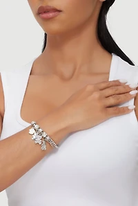 Womens Rhinestone Teddy Charm Stretch Bracelet, Silver