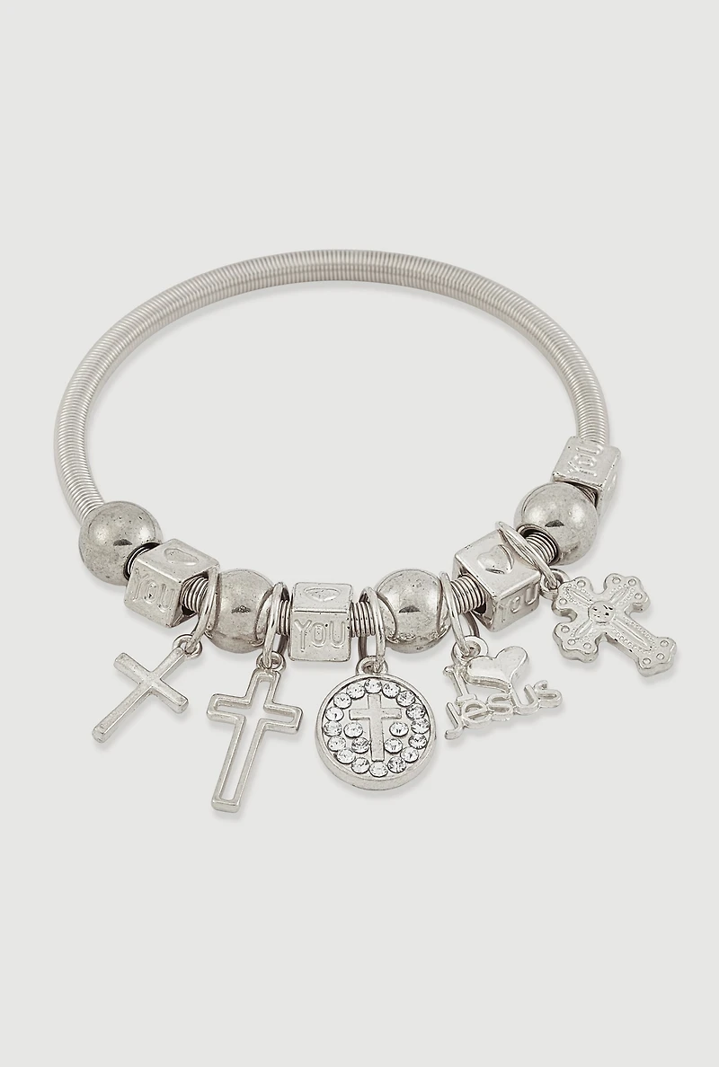 Rhinestone Cross Charm Stretch Bracelet