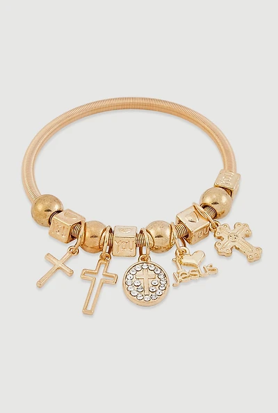 Rhinestone Cross Charm Stretch Bracelet