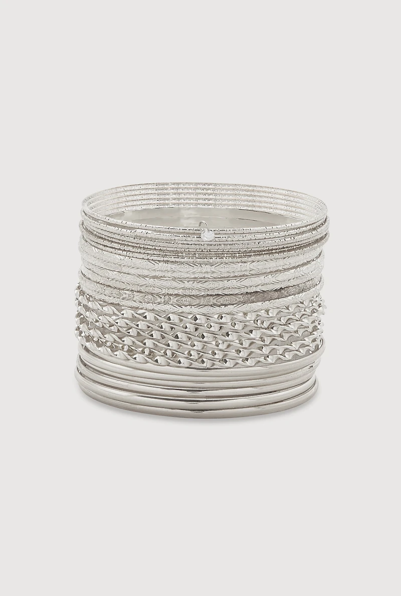 Womens Plus Size Assorted Metallic Bangles Set of 24, Silver