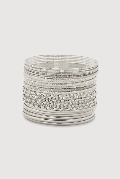 Womens Plus Size Assorted Metallic Bangles Set of 24, Silver