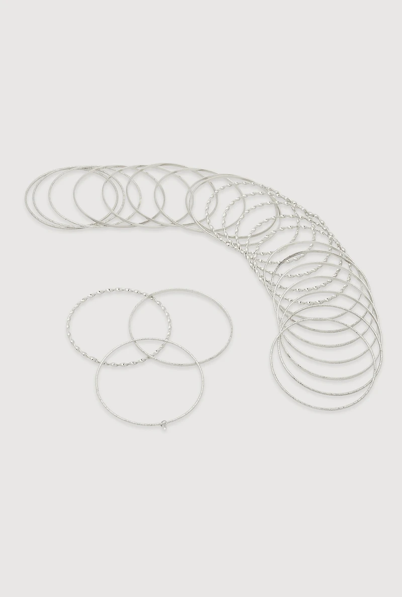 Womens Plus Size Assorted Metallic Bangles Set of 24, Silver