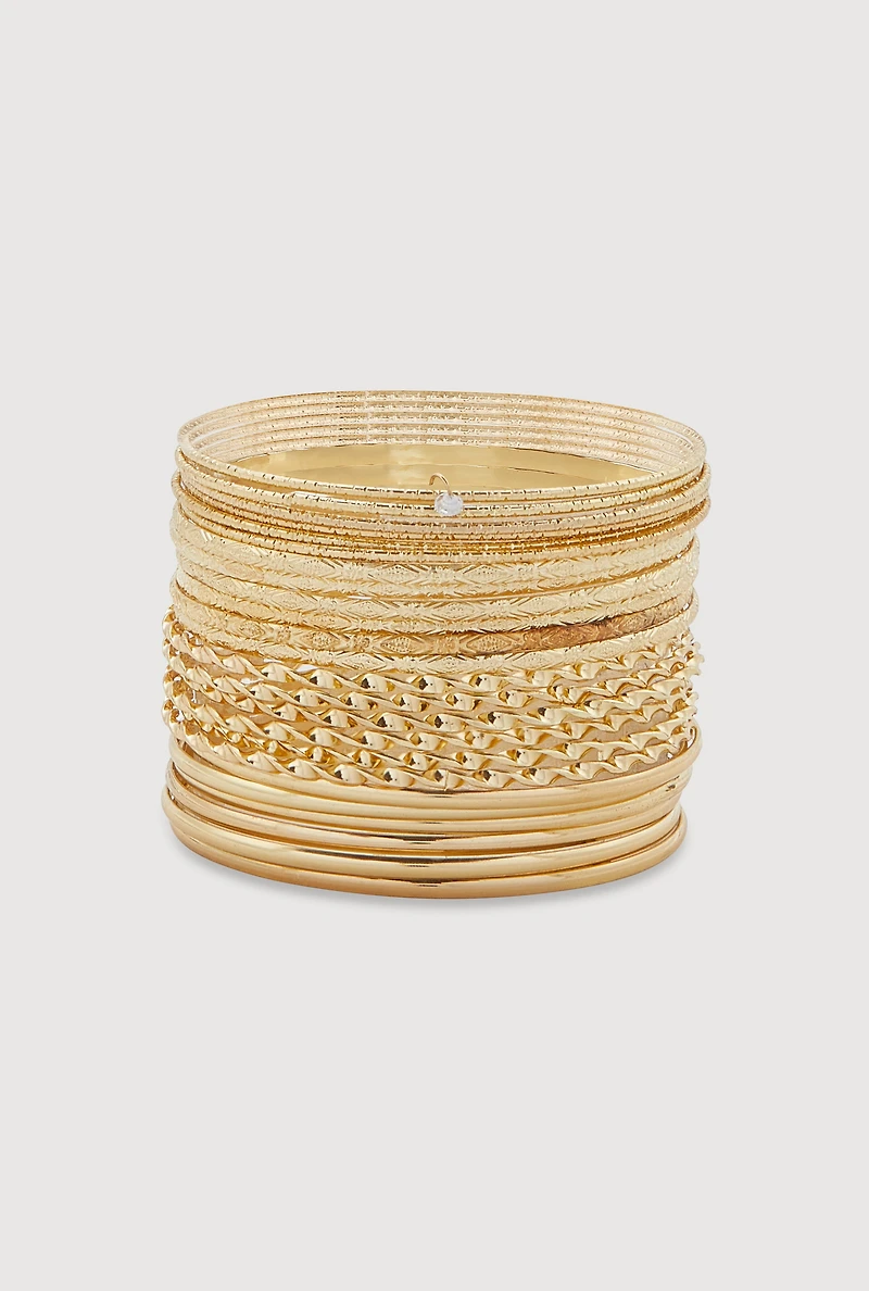 Womens Plus Size Assorted Metallic Bangles Set of 24, Gold