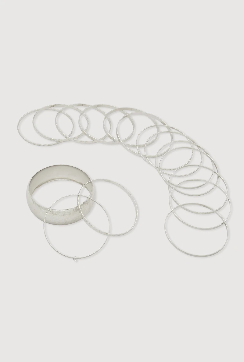 Womens Plus Size Assorted Textured Bangles Set of 16, Silver
