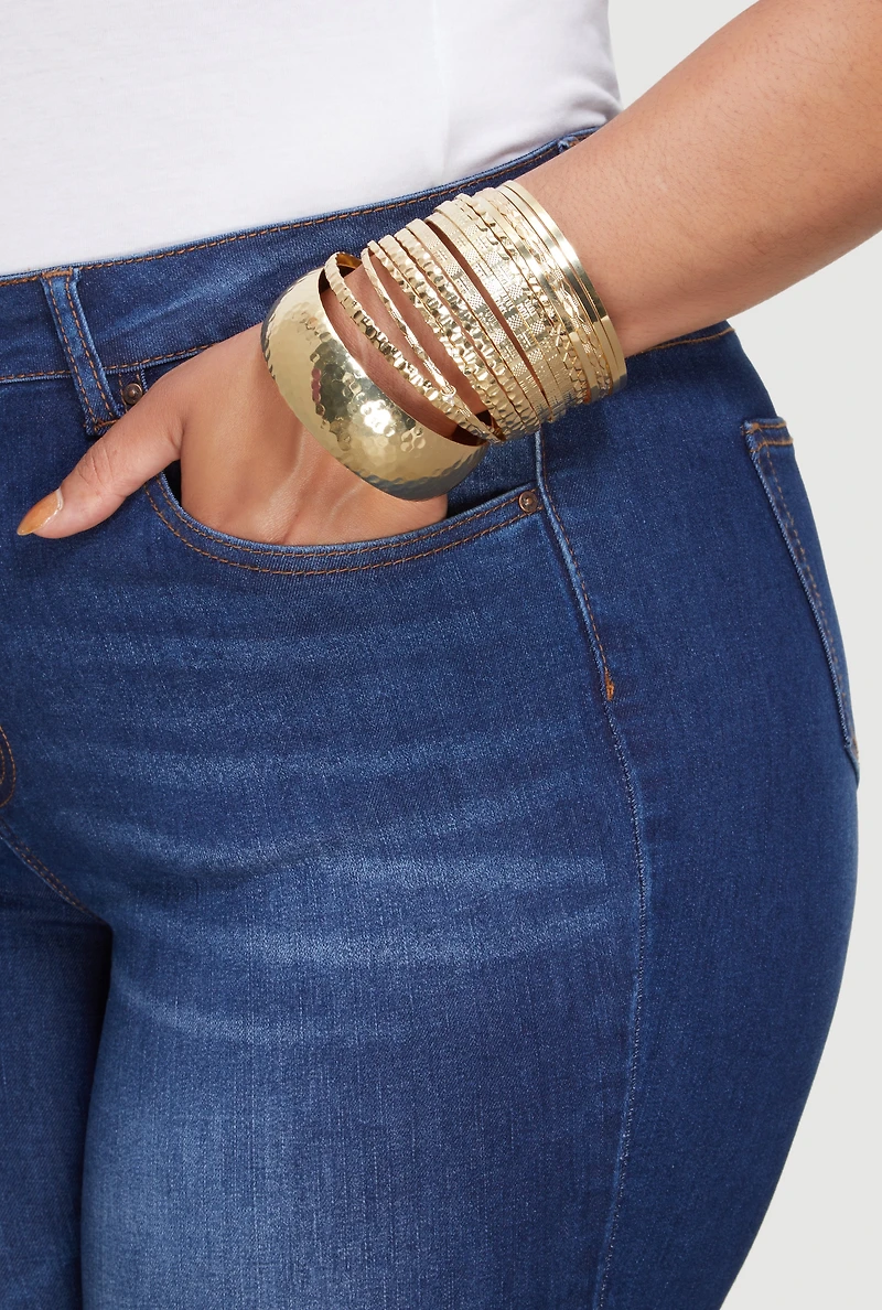 Womens Plus Size Assorted Textured Bangles Set of 16, Gold