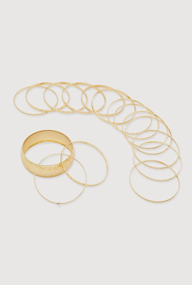 Womens Plus Size Assorted Textured Bangles Set of 16, Gold
