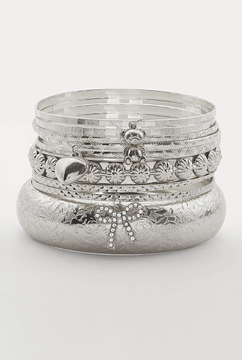 Womens Assorted Metallic Rhinestone Bow Charm Bangles Set of 9, Silver
