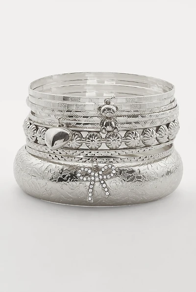 Womens Assorted Metallic Rhinestone Bow Charm Bangles Set of 9, Silver