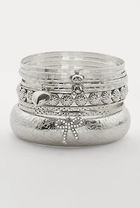 Womens Assorted Metallic Rhinestone Bow Charm Bangles Set of 9, Silver