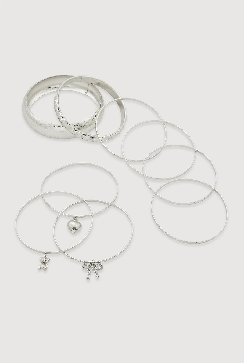 Womens Assorted Metallic Rhinestone Bow Charm Bangles Set of 9, Silver