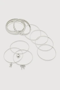 Womens Assorted Metallic Rhinestone Bow Charm Bangles Set of 9, Silver