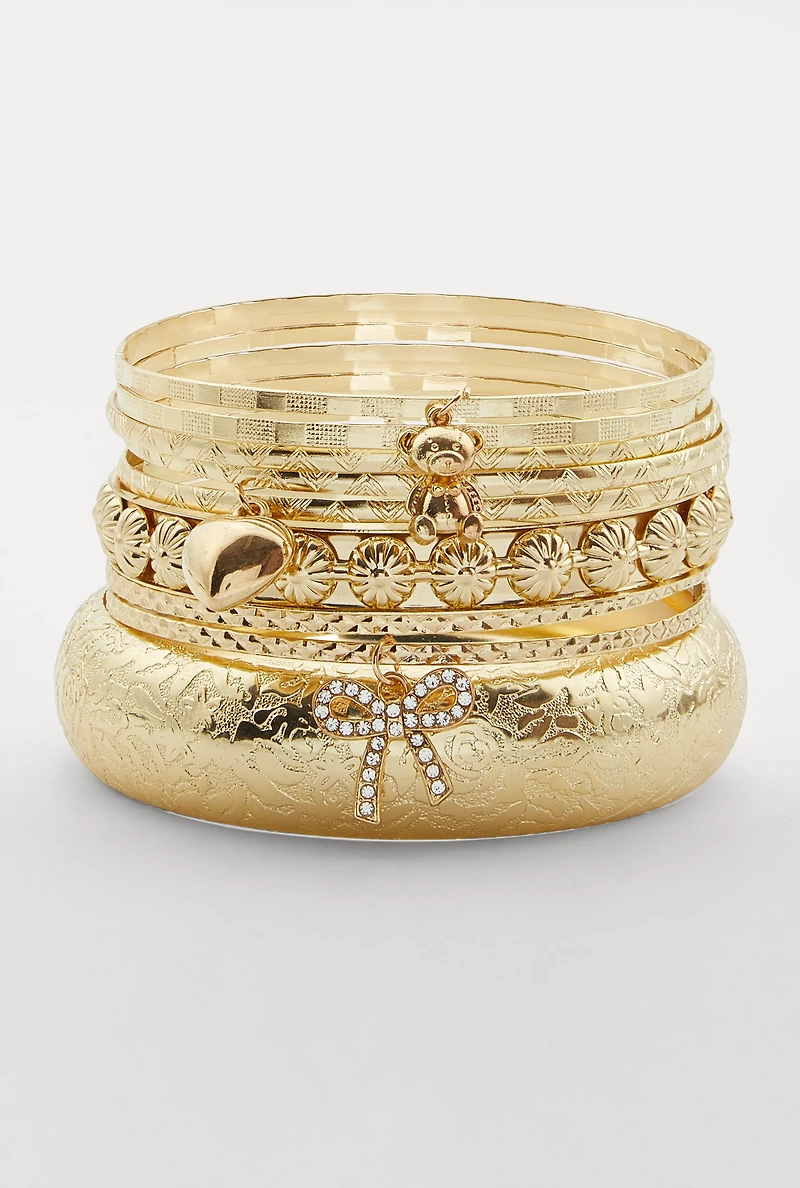 Assorted Metallic Rhinestone Bow Charm Bangles Set of 9