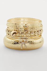 Assorted Metallic Rhinestone Bow Charm Bangles Set of 9
