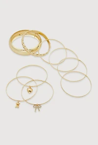 Womens Assorted Metallic Rhinestone Bow Charm Bangles Set of 9, Gold