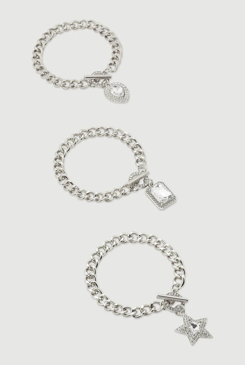 Rhinestone Assorted Charm Chain Bracelet Trio