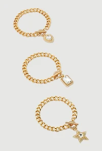 Rhinestone Assorted Charm Chain Bracelet Trio