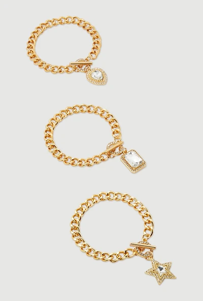 Rhinestone Assorted Charm Chain Bracelet Trio