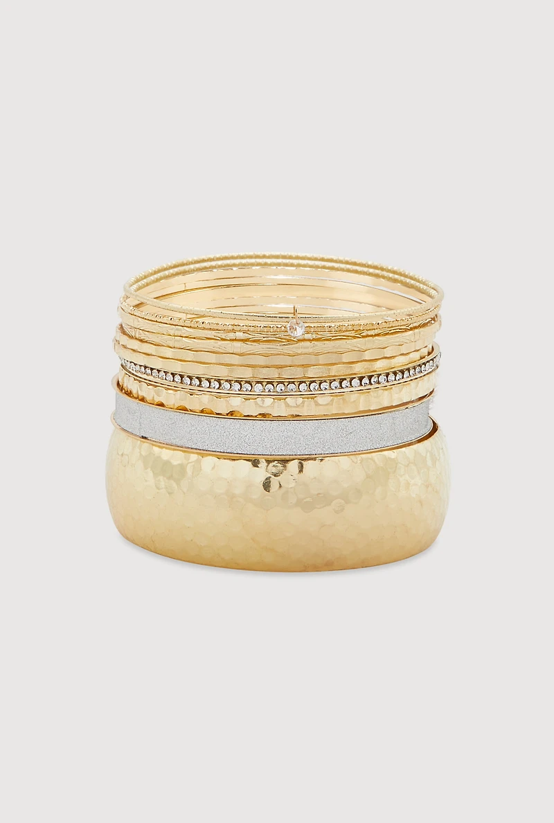 Womens Plus Size Glitter Assorted Bangles Set of 10, Gold