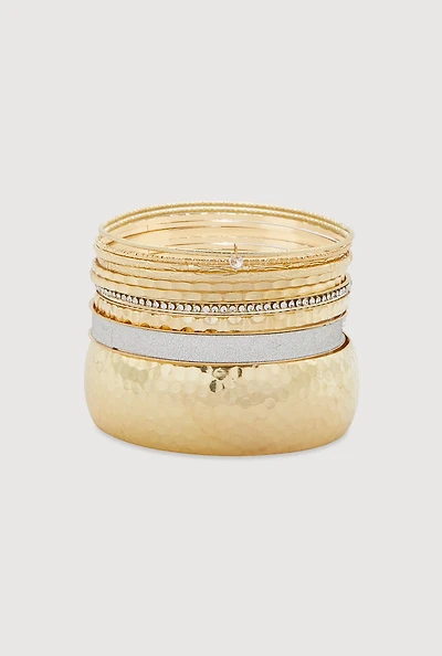 Womens Plus Size Glitter Assorted Bangles Set of 10, Gold