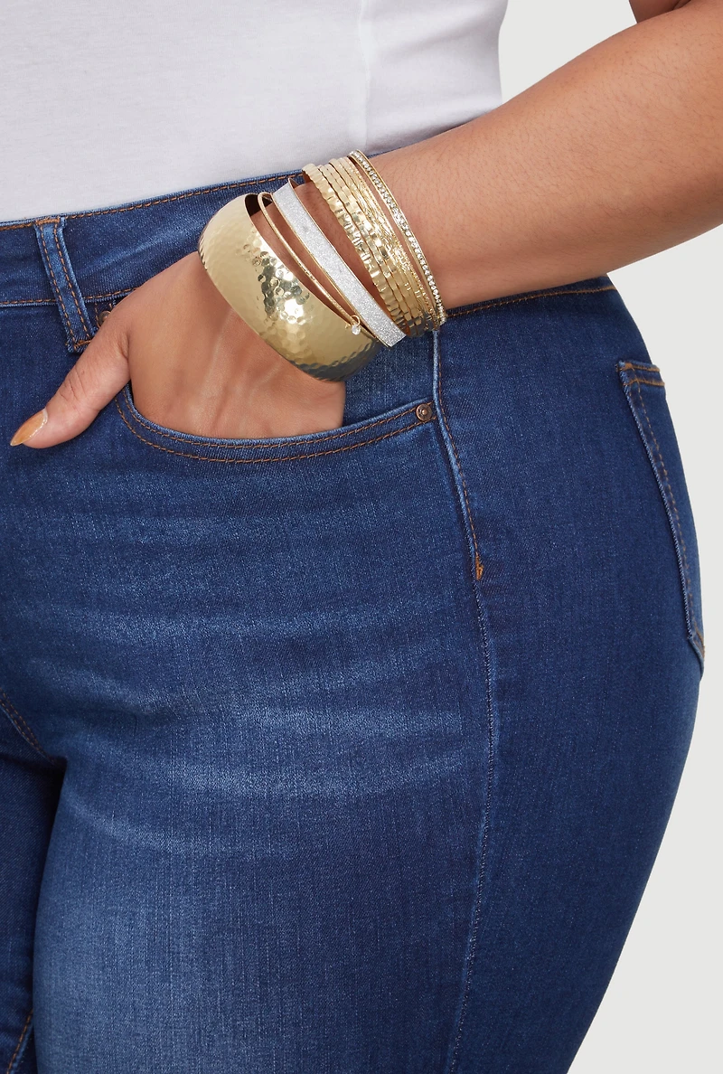 Womens Plus Size Glitter Assorted Bangles Set of 10, Gold