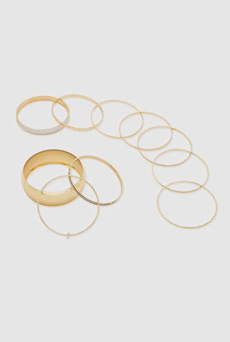 Womens Plus Size Glitter Assorted Bangles Set of 10, Gold
