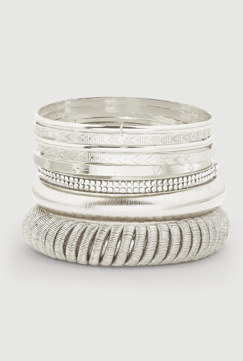Womens Plus Size Cubic Zirconia Assorted Metallic Bangles Set, Silver