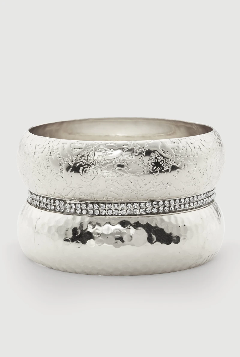 Womens Plus Size Patterned Metallic Assorted Bangles Set of 3, Silver
