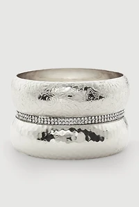 Womens Plus Size Patterned Metallic Assorted Bangles Set of 3, Silver