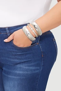 Womens Plus Size Patterned Metallic Assorted Bangles Set of 3, Silver